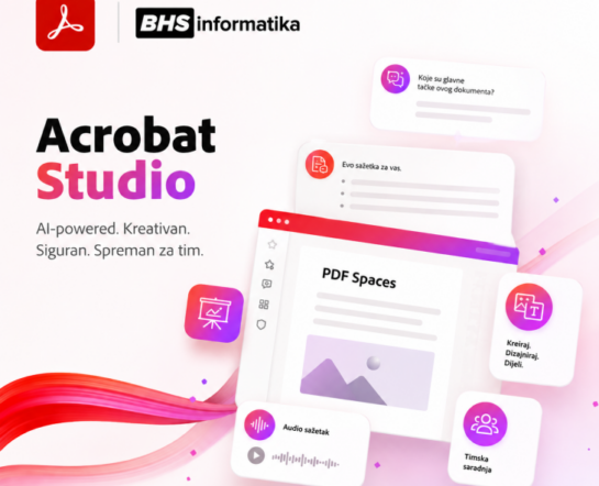 Adobe Acrobat Studio AI workspace vizual sa PDF Spaces, AI chat funkcijama i BHSInformatika logom