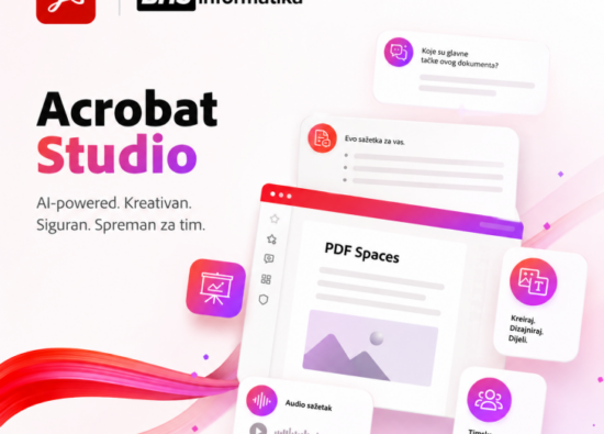 Adobe Acrobat Studio AI workspace vizual sa PDF Spaces, AI chat funkcijama i BHSInformatika logom